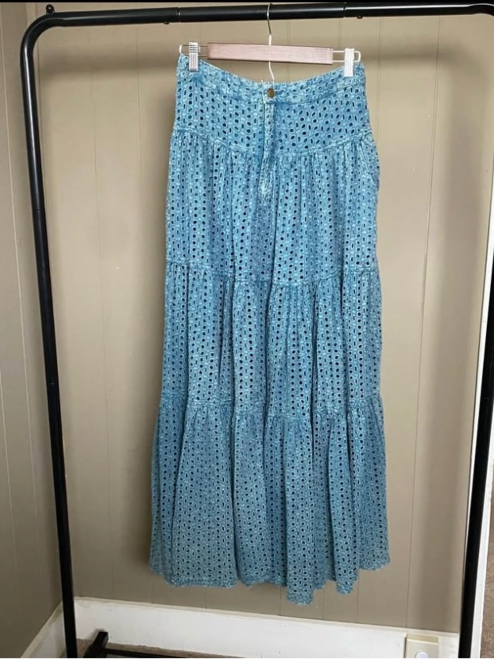 Oli & Hali denim colored Blue cotton Eyelet Tiered Maxi Skirt with pockets